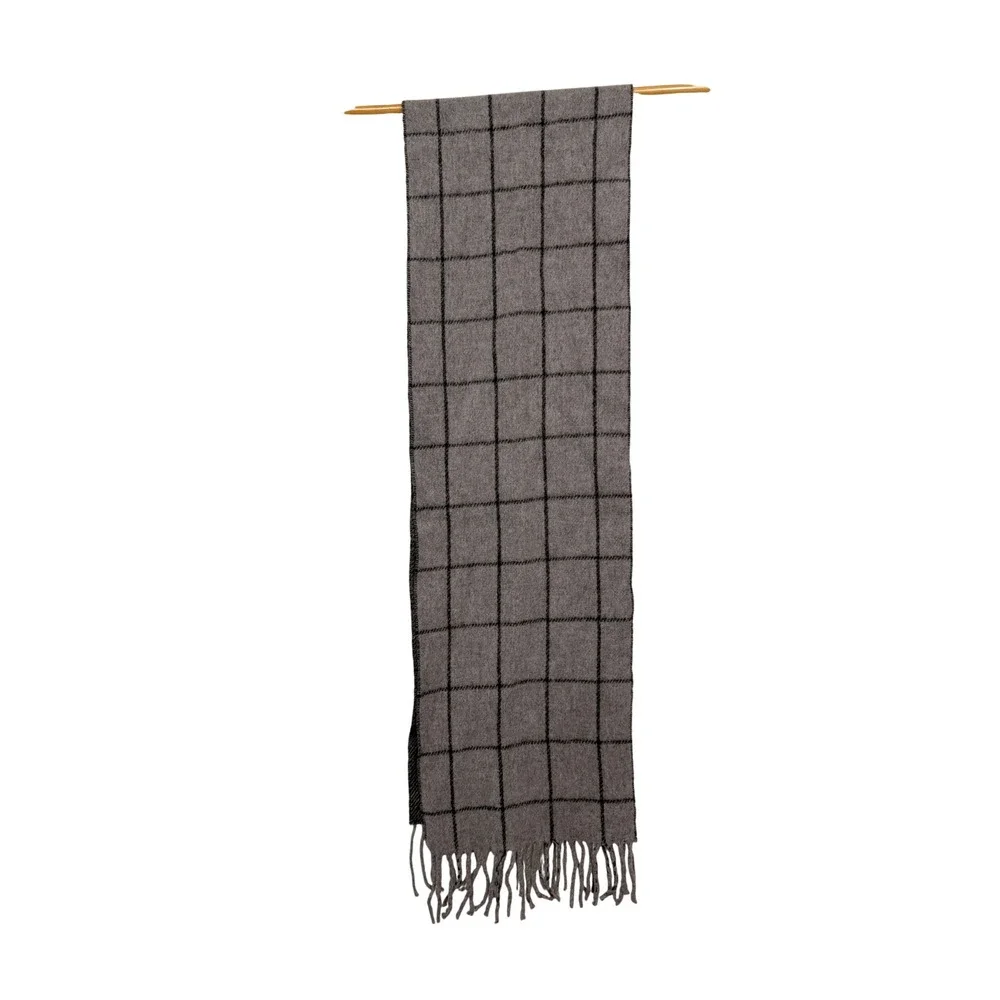 Polo Ralph Lauren Grey Windowpane Check Wool Blend Fringed Scarf Pony Logo